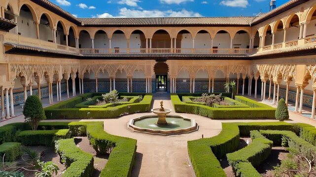 Idyllic view of a historic Andalusian riad courtyard, featuring intricate Moorish arcades, a tranquil central fountain, and formal symmetrical hedge garden landscaping.