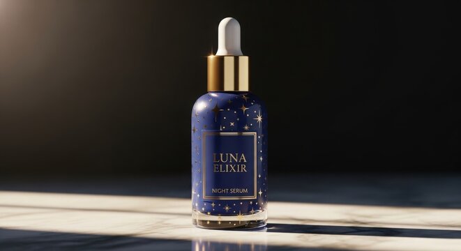 Luna Elixir Night Serum bottle with golden dropper on a marble surface with sunlight.