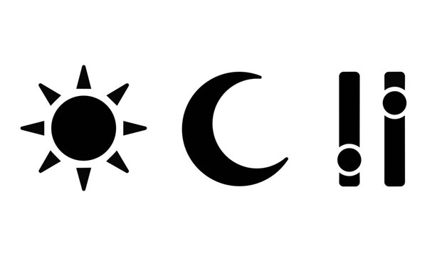 Set of minimal ui interface icons featuring sun moon and brightness adjustment sliders isolated on white. User interface design concept