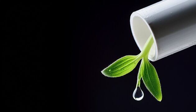水耕栽培パイプと植物の茎の接点、養液の雫が光るアグリテック背景