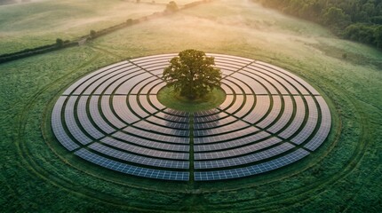 Obraz premium Aerial view of circular solar panel array around large central oak tree.
