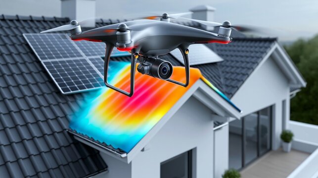 Eine Drohne fliegt &uuml;ber ein wei&szlig;es Einfamilienhaus, dessen Dach mit einer bunten W&auml;rmebilddarstellung in Rot, Gelb und Gr&uuml;n &uuml;berlagert ist.