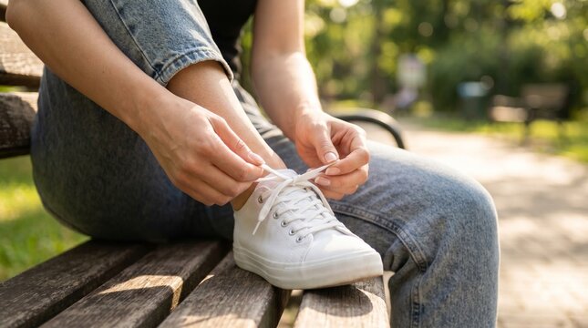 Lacing sneakers for a walk, emphasizing healthy lifestyle and outdoor activity, promoting well-being and fitness.