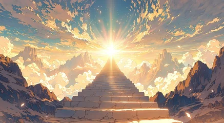Fototapete Mädchenzimmer Stone Stairway to Radiant Celestial Light in Anime Style, Mountain Range with Sea of Clouds, Inspirational Spiritual Journey Scenic Background  © ELY