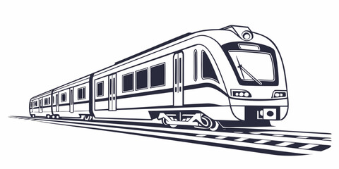 Modern commuter train approaching on railway tracks stylized outline graphic of passenger rail transport for urban transit and travel concept rail track transport © Mamun