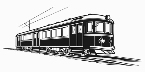 Vintage electric train locomotive and carriage on railway tracks retro style black and white vector illustration of public transportation locomotive electric carriage © Mamun