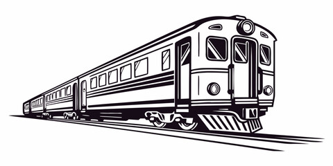 Long passenger commuter train on rail tracks detailed vector line art illustration of modern public transport system in black and white passenger commuter transport © Mamun
