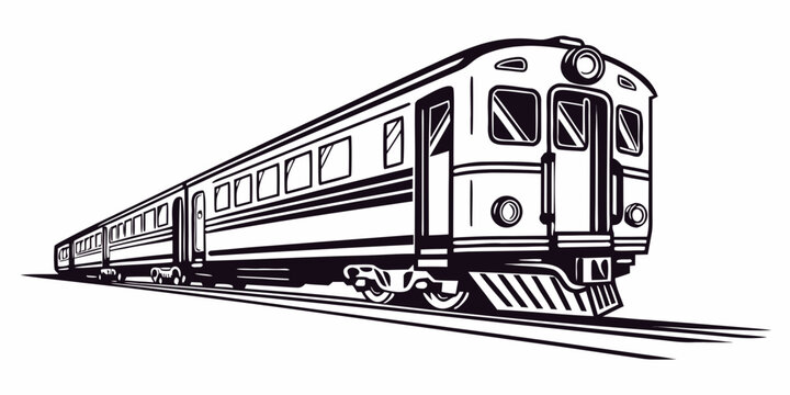 Long passenger commuter train on rail tracks detailed vector line art illustration of modern public transport system in black and white passenger commuter transport