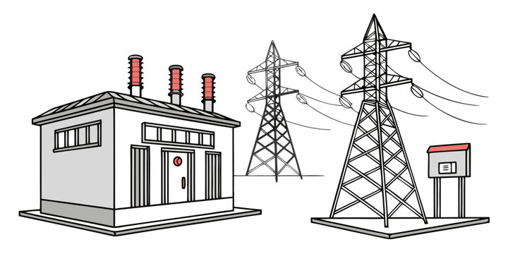 Electric power grid infrastructure featuring electrical substation and high voltage transmission towers electricity substation transmission infrastructure electrical