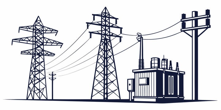 Electrical substation with multiple power line pylons and distribution equipment electricity substation transmission distribution infrastructure industrial