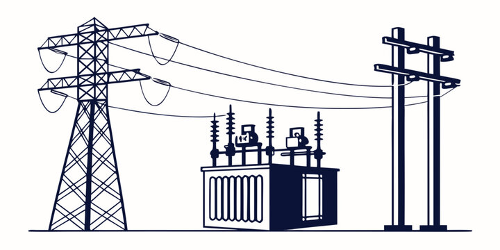 High voltage power transmission tower electrical transformer substation utility pole with overhead lines illustration transmission electricity transformer