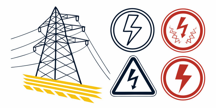 Electrical transmission tower and high voltage warning hazard symbols with electricity electric transmission electrical infrastructure distribution illustration