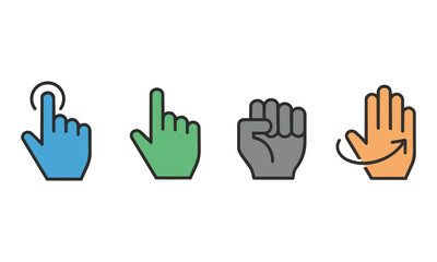 Fototapeta premium Set of four minimalist hand cursor icons for clicking pointing grabbing and swiping actions on a white background, user interface design concept