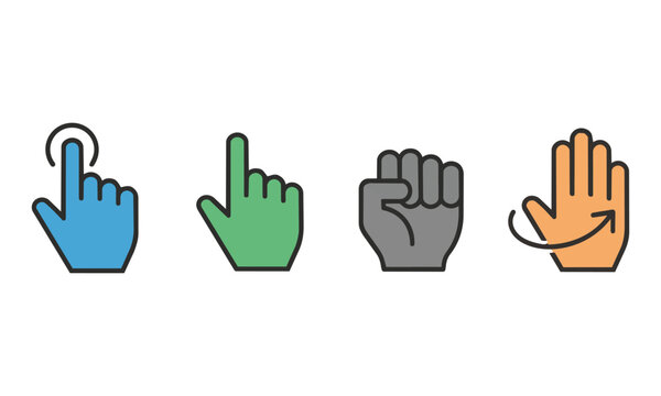 Set of four minimalist hand cursor icons for clicking pointing grabbing and swiping actions on a white background, user interface design concept