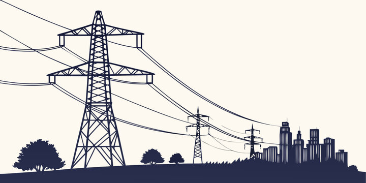 Silhouette landscape graphic featuring power pylons and city skyline buildings electricity transmission silhouette landscape infrastructure electrical industrial