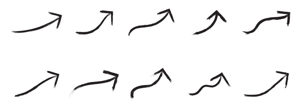Hand drawn arrow set of black. Abstract sketch line pointer drawing. Creative arrow design collection Arrow chalk vector set.  Black and white Vector illustration
