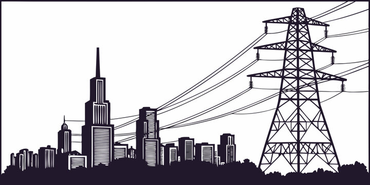Graphic illustration of city skyline with tall skyscrapers and large electrical power pylon in foreground electricity skyscraper building transmission electric