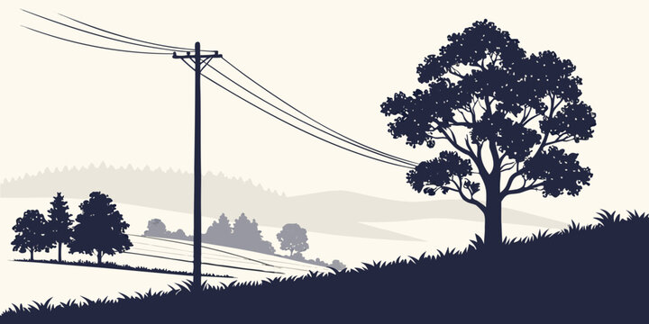 Graphic illustration of electrical power pole and tree in rolling hills countryside scenery with landscape silhouette countryside electricity environment outdoors