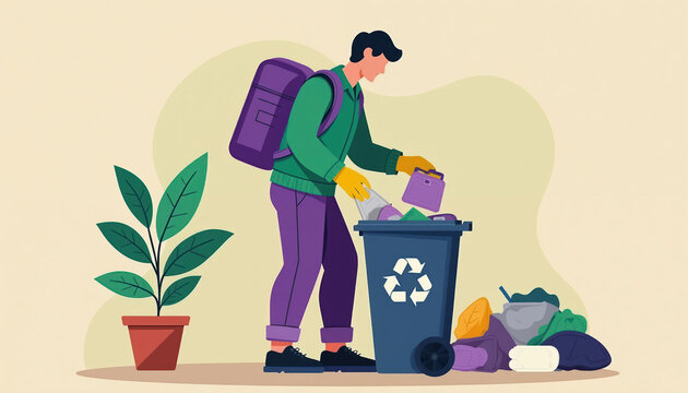 Man in gloves with backpack throws rubbish bag into recycling bin. He helps clean up litter near potted plant. Concept of eco friendly waste management and city cleanup.