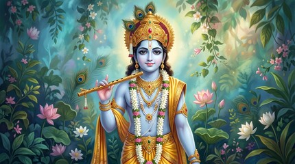 Obraz premium Image is a digital artwork depicting a serene and divine figure with blue skin, adorned with intricate jewelry and a golden crown. The figure holds a golden flute in one hand and is surrounded by lush