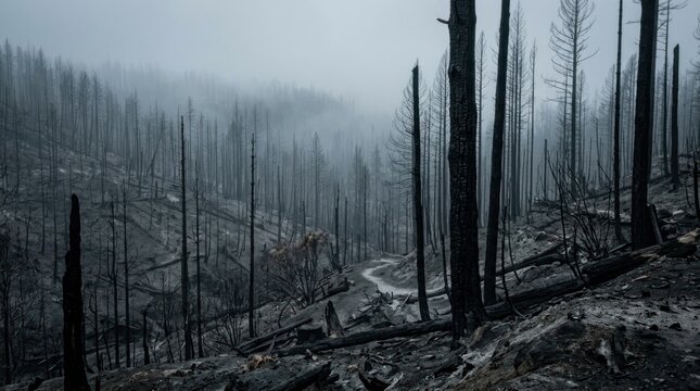 A forest landscape with burnt trees and a path leading through the ashes.