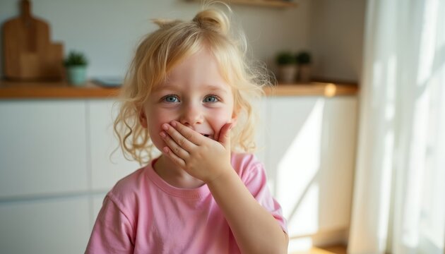 Blond girl in pink shirt covers mouth with hand. Small child giggles, tells secret, or hides a laugh. Playful kid with blue eyes shows innocence and happiness indoors.