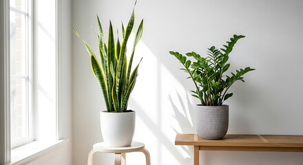 Fototapeta premium Minimalist Home Decor with Sansevieria and ZZ Plants in Stylish Pots Sunlit Airy Interior Background with Natural Light and Soft Shadows for Wellness