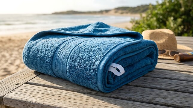 Folded Blue Towel on Wooden Table at Beach