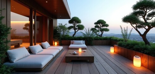 Obraz premium Modern rooftop terrace with Japanese garden design. White modular sofas and low wooden table set on deck flooring. Outdoor relaxation space.