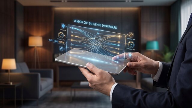 Businessman Holding Tablet with Vendor Due Diligence Dashboard Risk Score Compliance Audit Trail Holographic Interface