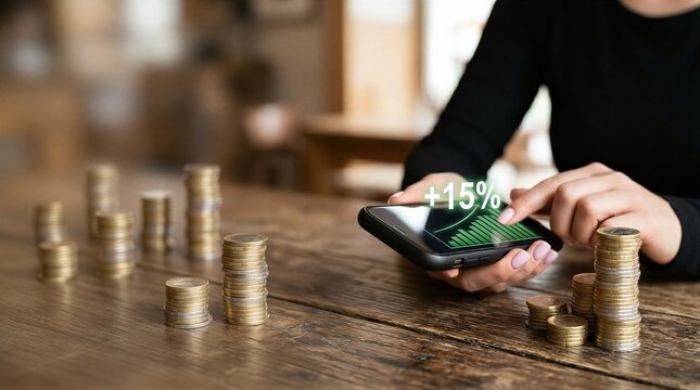 a close up of a person holding a cell phone in front of a stack of coins