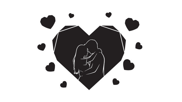 Couple silhouette hugging inside a heart with floating hearts around