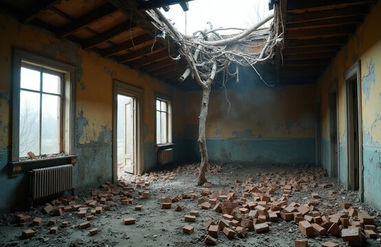 Dilapidated room interior with fallen ceiling debris and scattered bricks on floor. Broken walls show peeling paint. Bare tree branches grow through hole in roof, reaching towards sky.