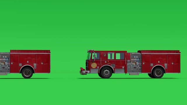 Red Fire Truck Side View on Green Screen Background