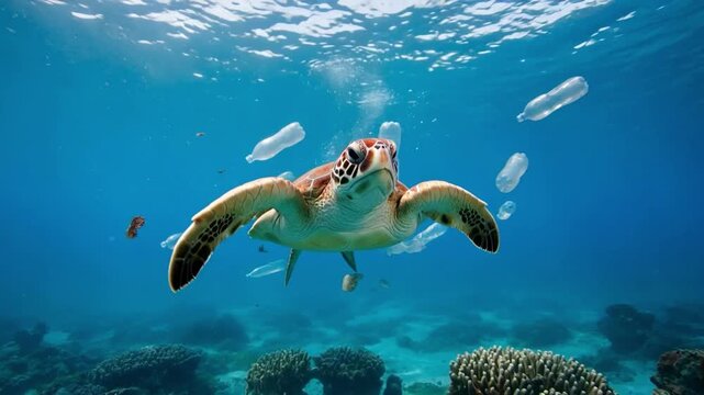 Underwater footage of sea turtle swimming through ocean polluted with plastic bottles and trash showing marine animal struggle.