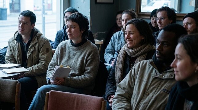 Diverse adult group seated in classroom workshop, attentive faces and notebooks in hands, candid community learning scene with natural window light