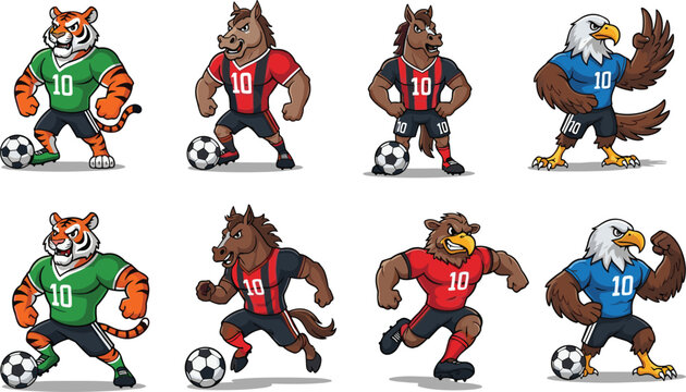 Cartoon animal soccer vector illustration featuring tiger, wolf, horse, bear, eagle characters in jerseys with soccer balls