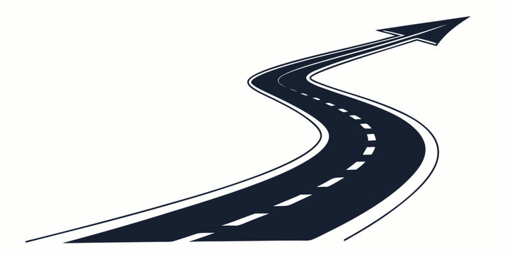 Winding road turning into an arrow pointing upwards with dashed lines direction progress leadership strategy business motivation transportation pavement illustration