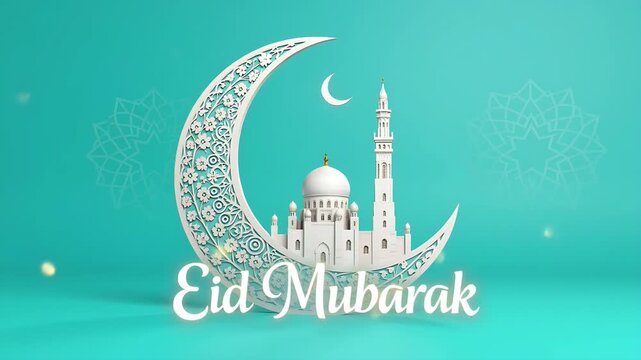 Eid mubarak motion graphic features a white mosque and moon on a teal background with subtle stars and arabesque patterns.