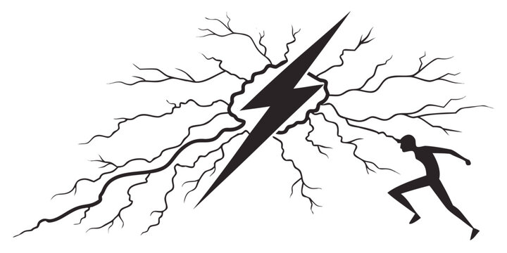 Silhouette of a runner sprinting towards a large lightning bolt with cracked branches digital art abstract art overcoming obstacles energy transfer silhouette sprinting