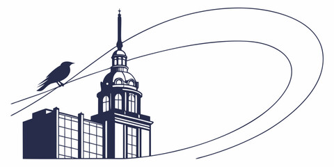 Bird perched on a wire in front of a stylized skyscraper building with dome art deco building skyscraper architecture silhouette contrast minimalist communication wildlife © Mamun