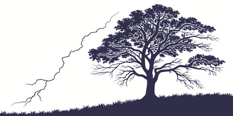 Silhouette of a large tree with a lightning bolt striking its trunk on a grassy hill against a white background lightning strike lone tree damage weather event tree bark © Mamun