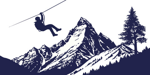 Silhouette of person ziplining over snow-capped mountains with pine tree mountain range ziplining adventure mountains silhouette activity recreation landscape wilderness © Mamun