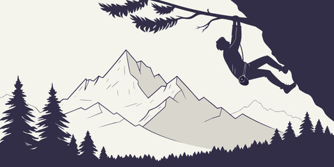 Silhouette of rock climber hanging from cliff edge with mountain landscape background rock climbing mountain range pine tree mountains silhouette adventure activity © Mamun