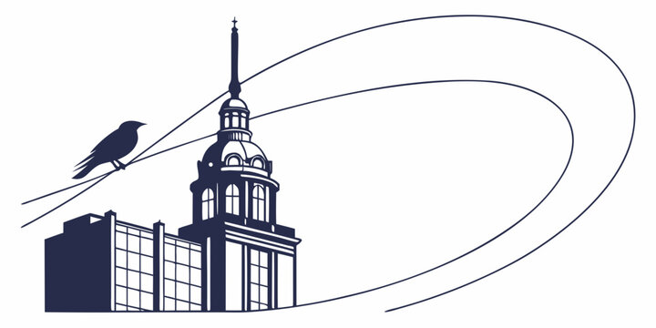 Bird perched on a wire in front of a stylized skyscraper building with dome art deco building skyscraper architecture silhouette contrast minimalist communication wildlife