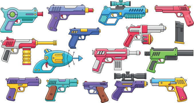 Cartoon toy gun vector illustration featuring colorful playful designs with futuristic, sci‑fi, and water gun elements