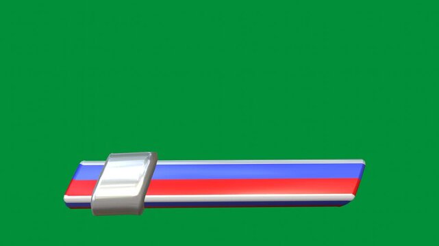 Red Blue and White Glossy 3D Parallelogram Lower Third Sliding Fast on Green Screen. 3D Rendering.