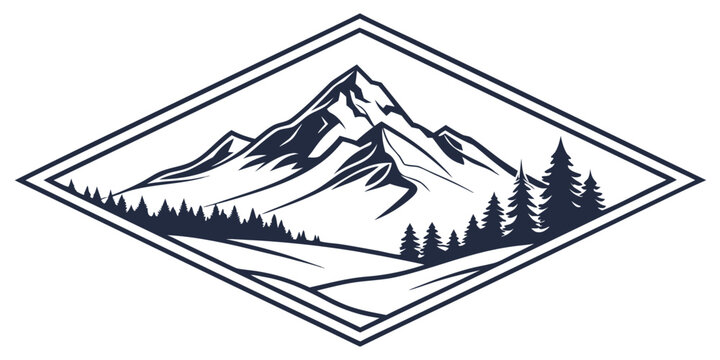 Stylized graphic of a mountain range with pine trees in the foreground and a single fir tree on the right contained within a diamond shape snow capped national park mountains