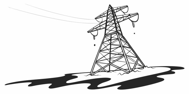 Electricity pylon in water with oil spill graphic power line high voltage electricity industry pollution contamination environmental illustration accident disaster
