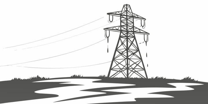 Electricity pylon in marshy waterlogged ground graphic with power line high voltage electricity industry environmental illustration transmission infrastructure silhouette